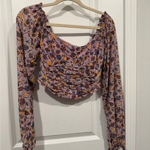 Forever 21 Pink Floral Ruched Long-Sleeve Crop Top